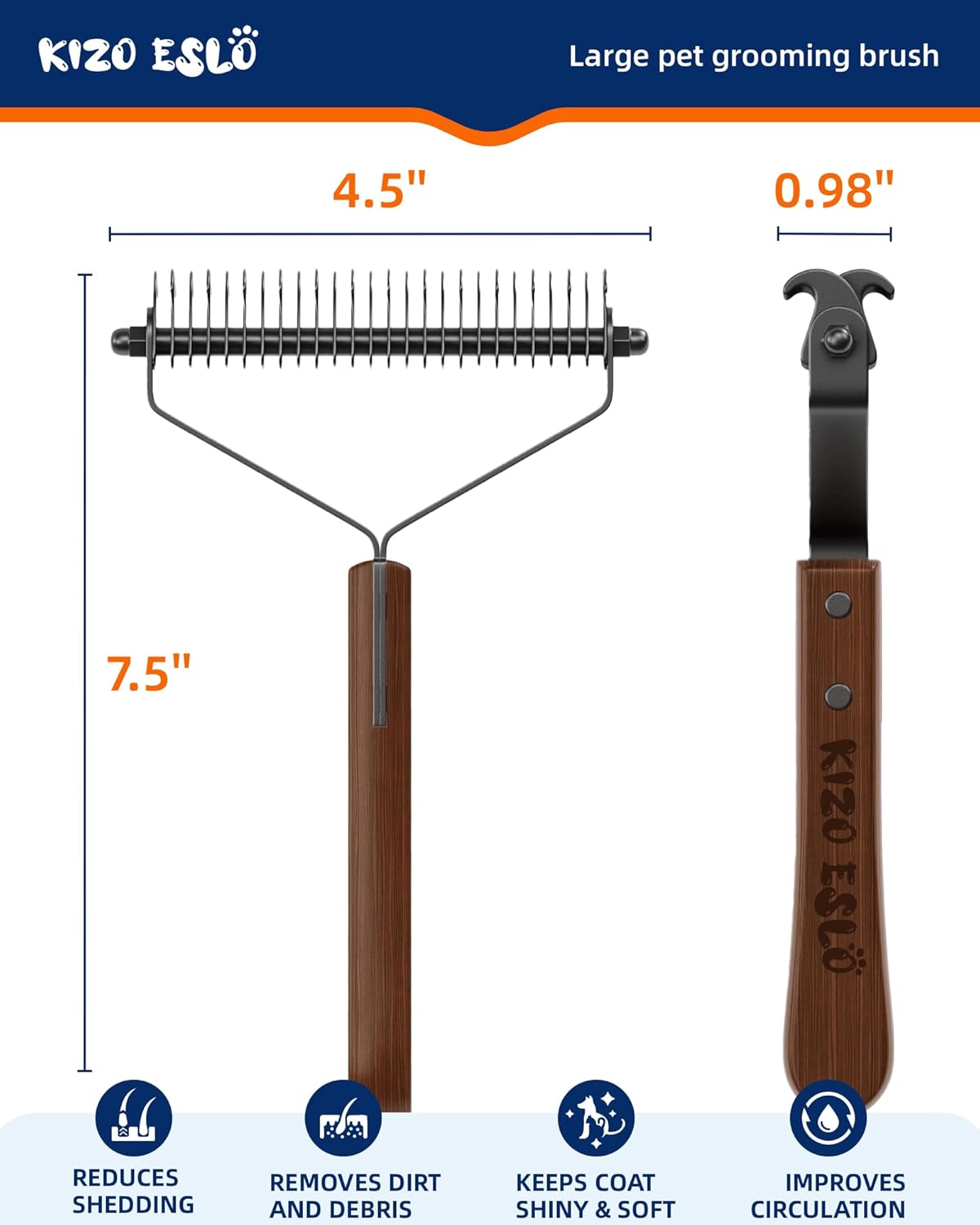 Extra Large 2-Sided Undercoat Rake for Dogs & Cats, Dog Brush for Shedding Remove Mats, Dematting Comb, Safe&Gentle Grooming Brush for German Shepherds Medium to Long-Haired Pets, Wooden Handle(Black)