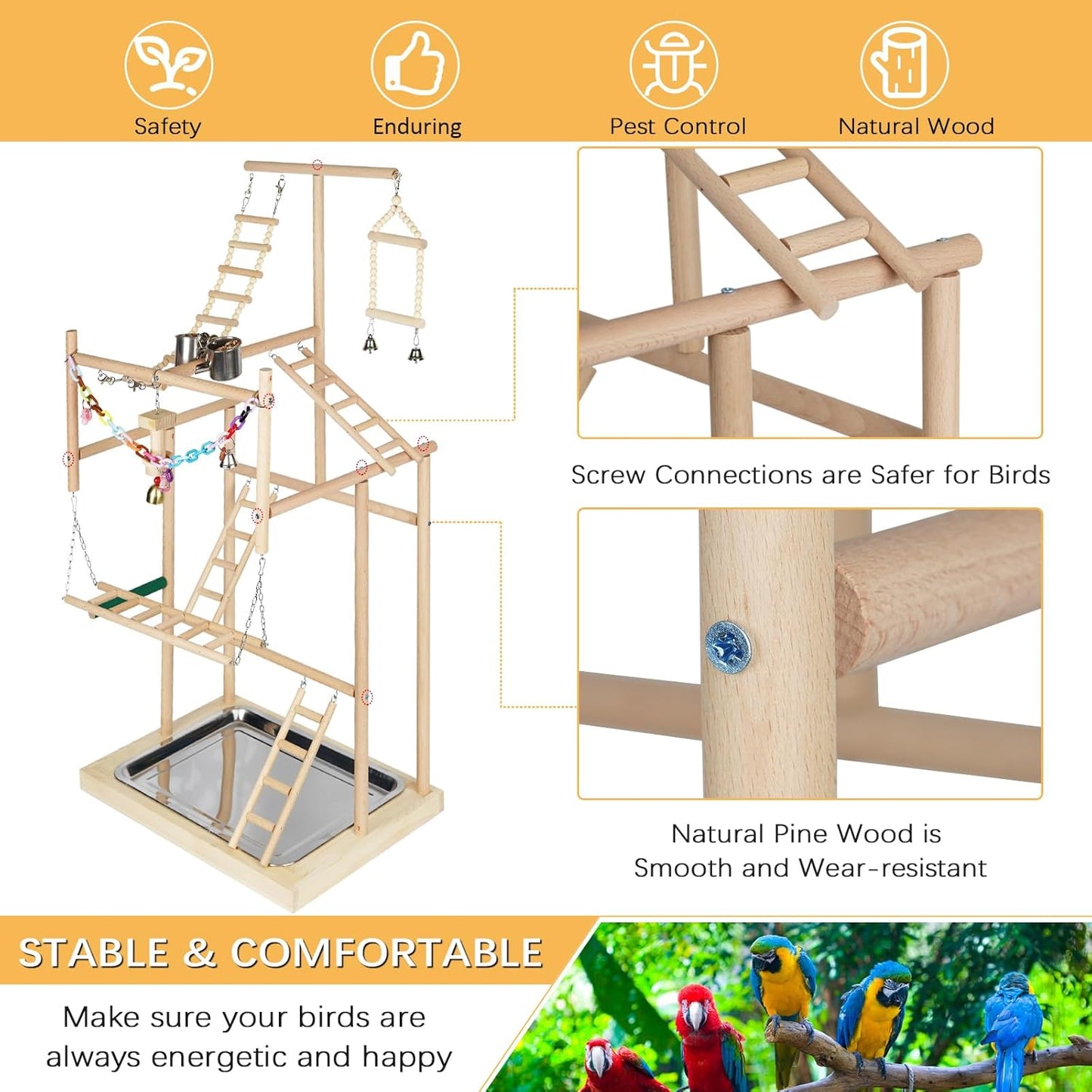 Pet Parrot Playstand Parrots Bird Playground Bird Play Stand Wood Perch Gym Playpen Ladder with Feeder Cups Bells for Cockatiel Parakeet (4 Layers)