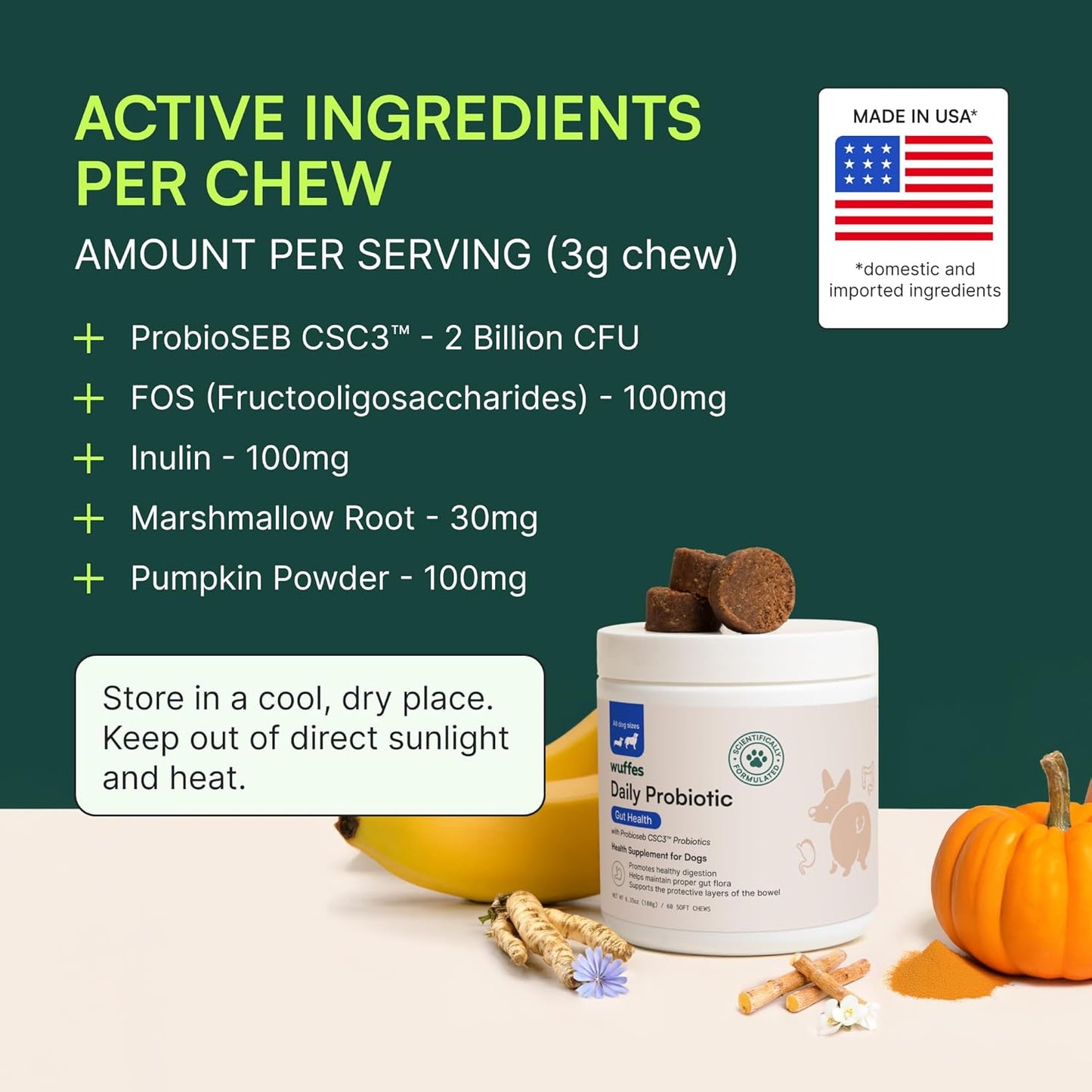 Wuffes Daily Probiotic for Dogs - Supports Digestive Health, Gut Balance, and Immune System - with Prebiotics, Marshmallow Root, and Pumpkin Powder (120 Chews (Pack of 2))