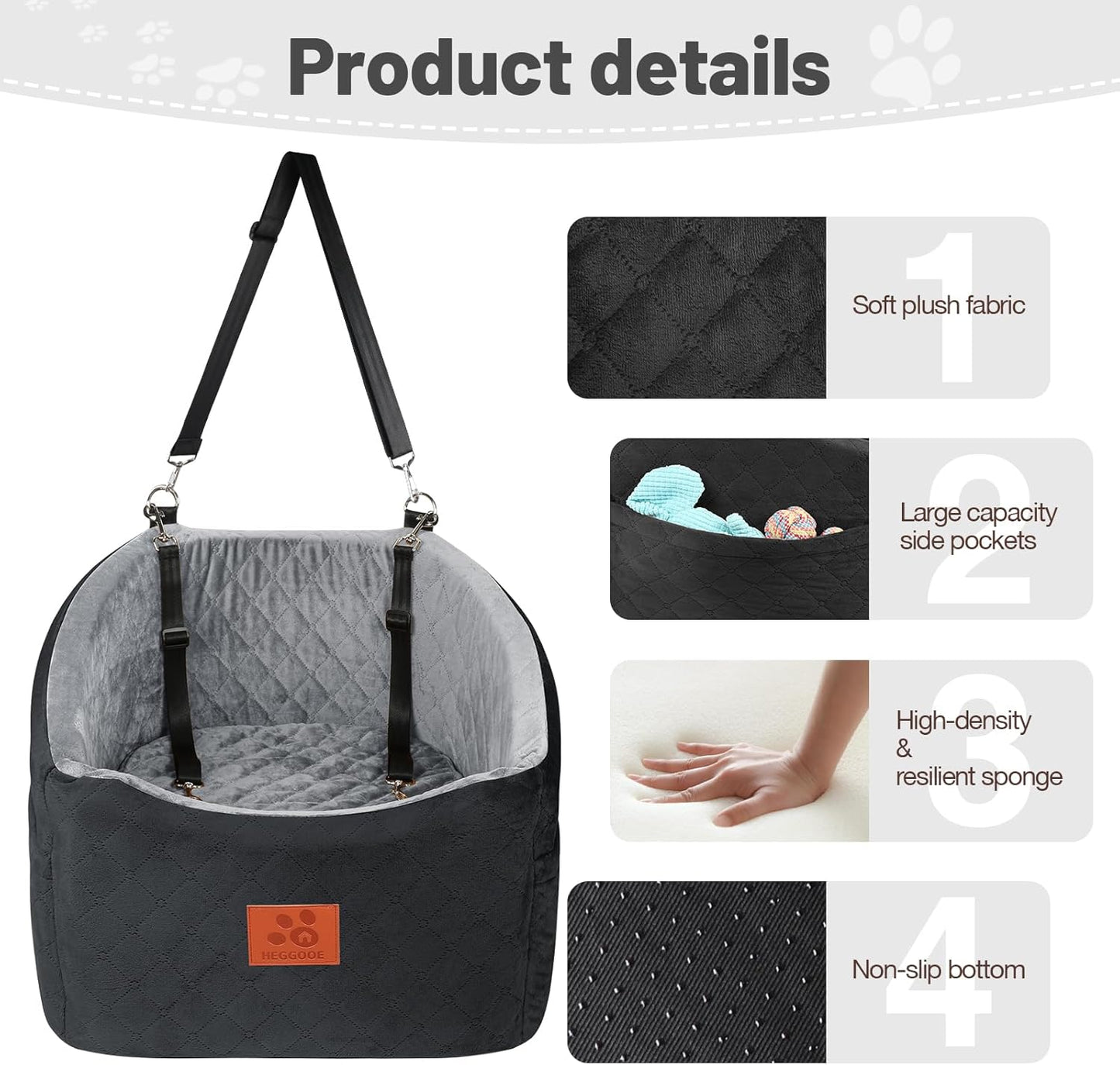 Dog Car Seat for Small Medium Dogs, Memory Foam Booster Car Seat for Dogs up to 35 lbs, Elevated Pet Car Seat with Washable Removable Cover and Storage Pockets (Black/Gray)