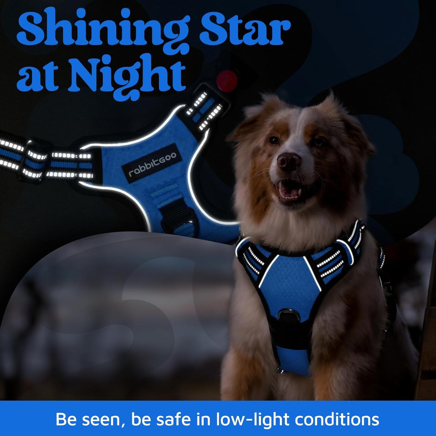 rabbitgoo Dog Harness Medium Sized, No Pull Dog Vest with 3 Buckles, Adjustable Soft Padded Pet Harness with Easy Control Handle and Reflective Strips, Blue, M