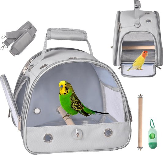 Bird Carrier Travel Cage with Stand, Small Bird Travel Carrier for Parrot with Perch, Side Access Window (Grey)