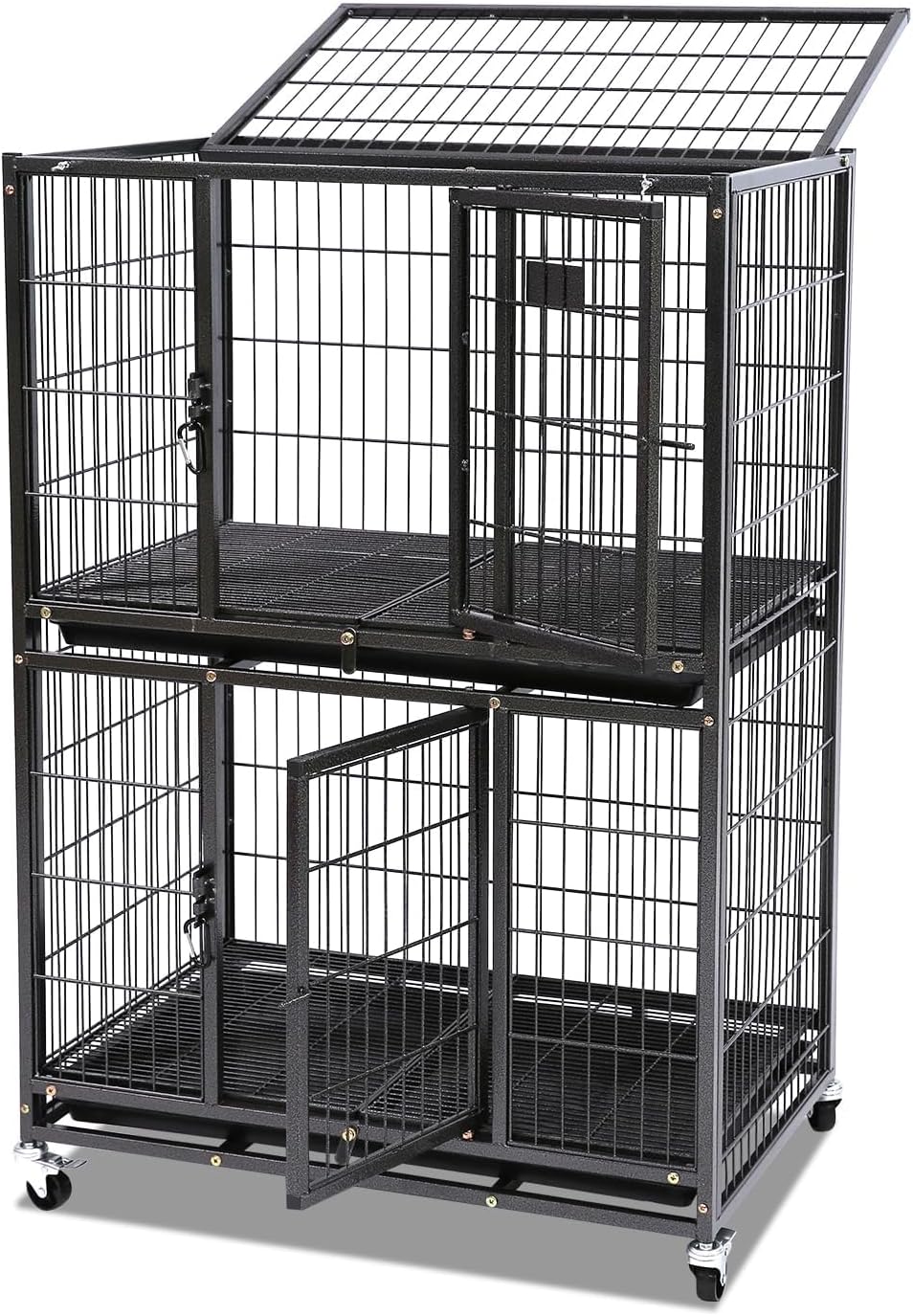 Homey Pet Two Packs 31 Inch Stackable Heavy Duty Dog Crate Cage Kennel with Four Lockable Wheels, Removable Tray, Escape Proof Wire Drop Dog Crates for Small Dogs (Two Tiers)