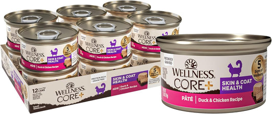 Wellness CORE+ Skin & Coat Pate Adult Wet Cat Food, Natural, Protein-Rich, Grain Free, 2.8 Ounce, 12 Pack (Duck & Chicken)