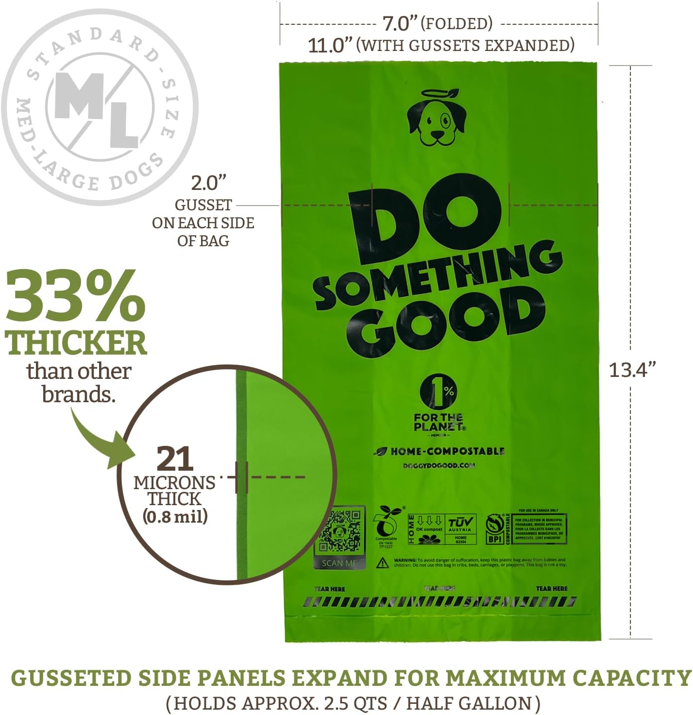 Doggy Do Good Poop Bags | Dog Waste Bags | Unscented, USDA Certified Biobased, Thick & Leak Proof, Easy Open | Standard Size | 60 Count