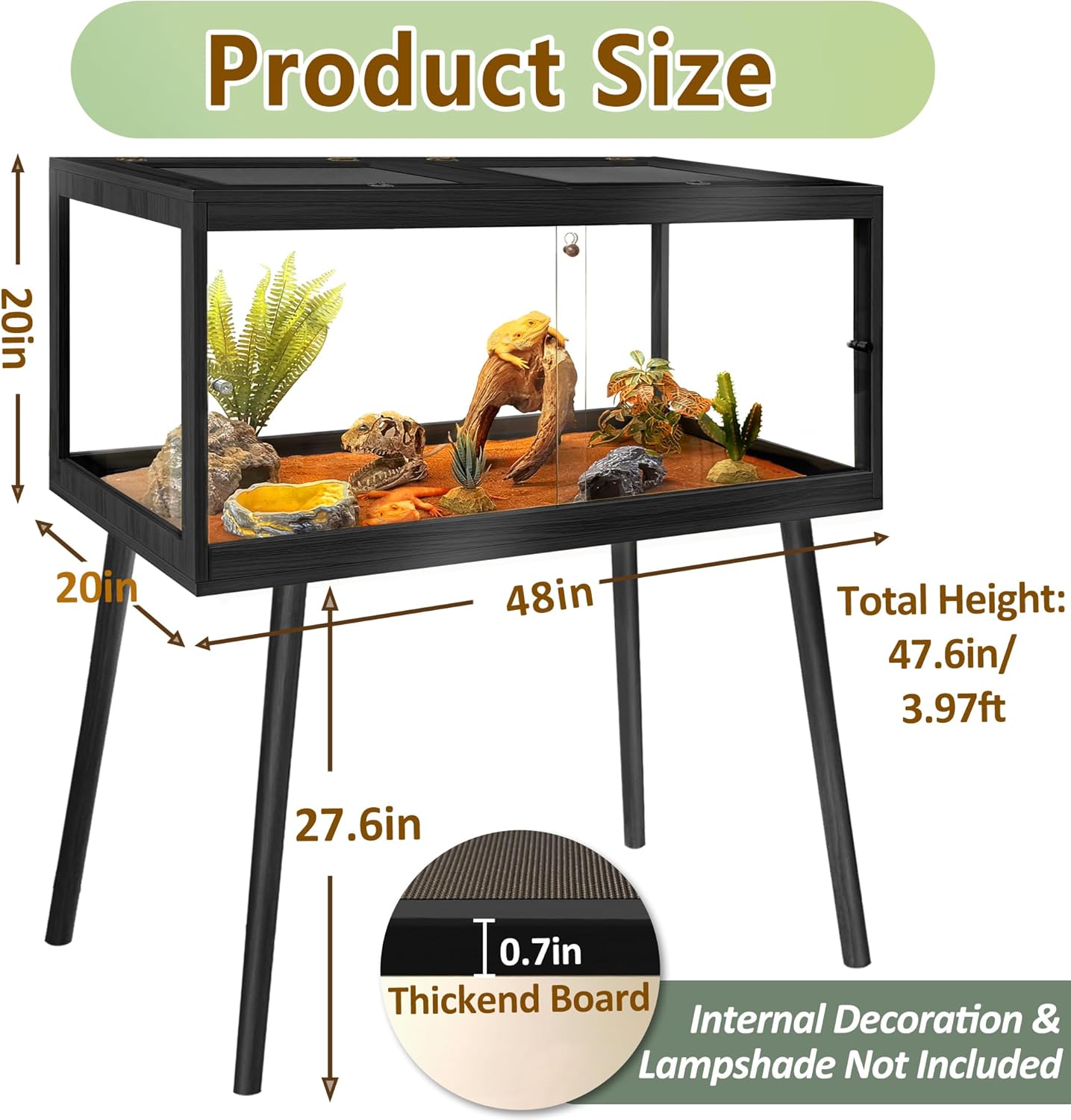 PROLEE Tempered Glass Reptile Enclosure with Leg,48“ Scratch-Proof Bearded Dragon Tank,79 Gallon Lizard Tank with Metal Mesh Tops and Lockable Door,Spacious Reptile Habitat for Snake,Lizard (Black)