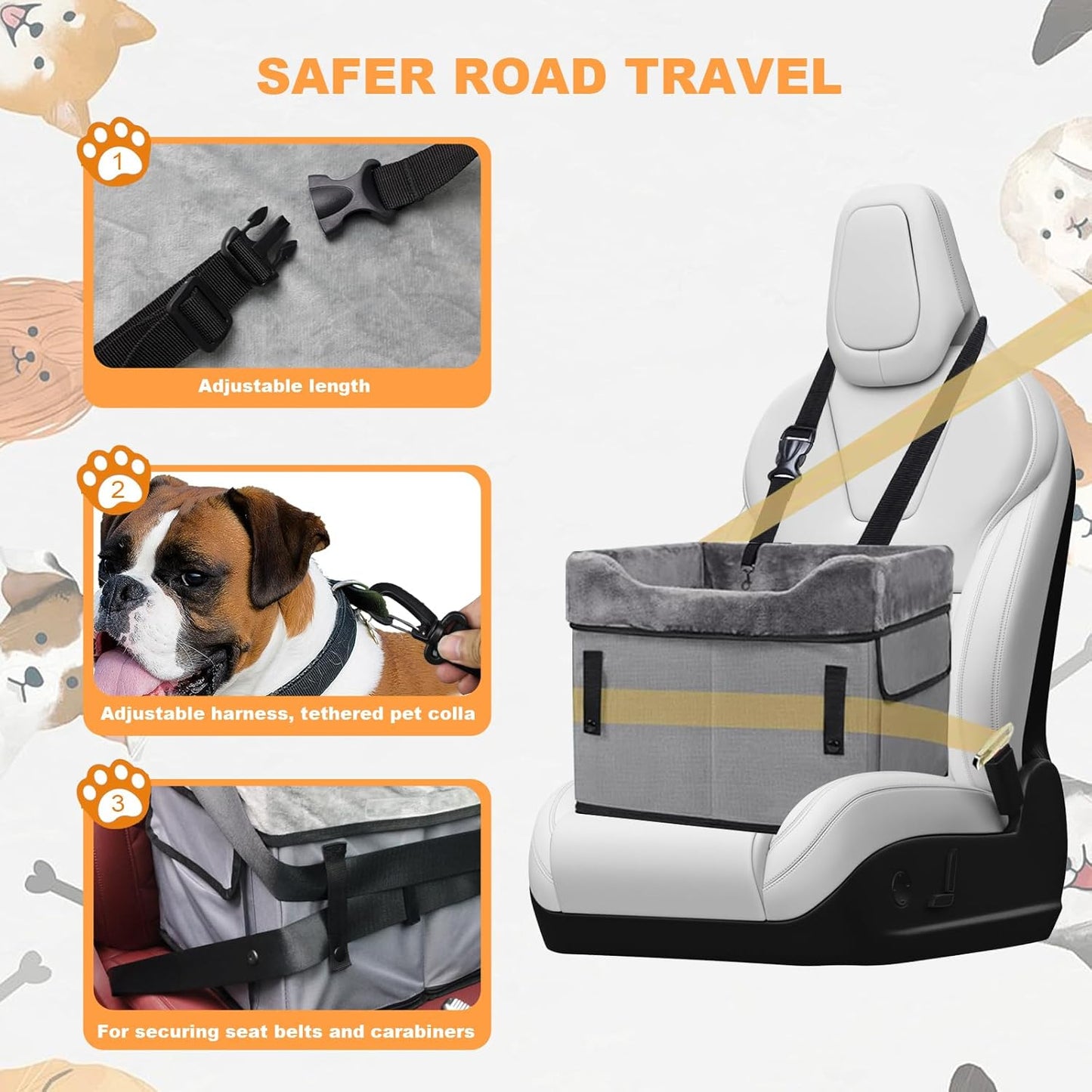 Eunice Small Dog Car Seat, 15.5 in (L) X 14.6 in (W) X 13 in (H) Washable Detachable and Portable Dog Booster Car Seat with Clip-on Safety Leash, Puppy Car Seats Storable Bottom Layer - Up to 25 lbs