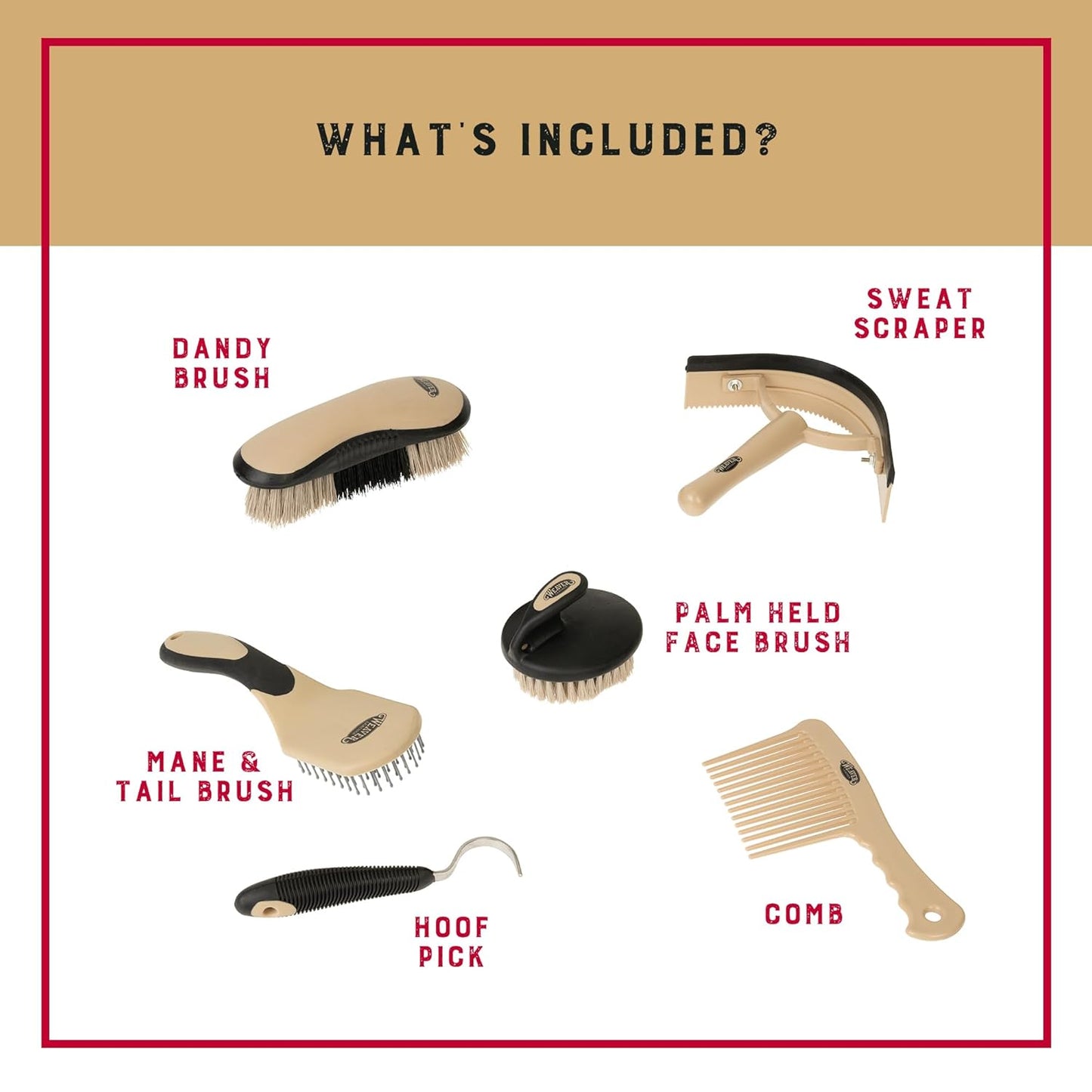 Weaver Equine 6-Piece Horse Grooming Kit, Ergonomic Gentle Horse Care Kit, Equestrian Supplies for Bathing Support, Detangling, and More, Black/Tan