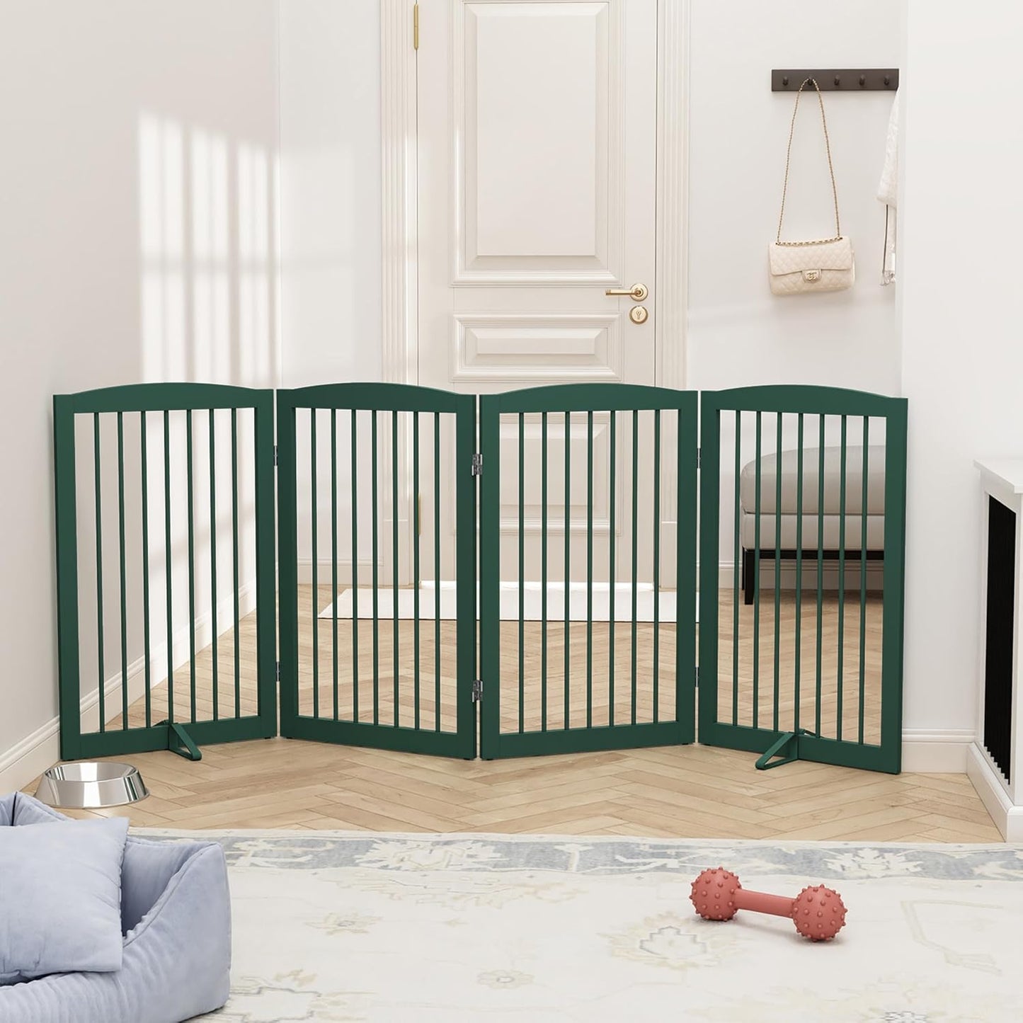 Freestanding Pet Gate for Dogs, Indoor Wooden Dog Gate for House, Foldable Dog Gate for Doorway, Stair, Step Over Pet Puppy Safety Fence Tall, 80 Inch Wide, 4 Panels 32", Green