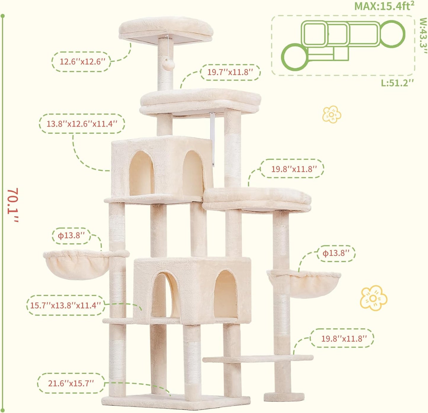 Hey-brother Cat Tree Tower, Scratching Posts with a Extended Part, Wide Platforms, Cozy Condos, Hammocks, Sisal Columns and Ball for Indoor Cats, 70.1 Inches, Beige MPJ038M