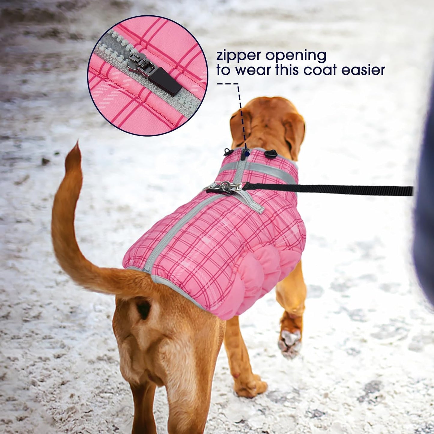FUAMEY Dog Coat for Large Dogs,Waterproof Dog Winter Jacket with Harness Built in Puppy Cold Weather Coats Reflective Pet Vest with Zipper Warm Fleece Dogs Snowsuit Windproof Rose Plaid 3XL