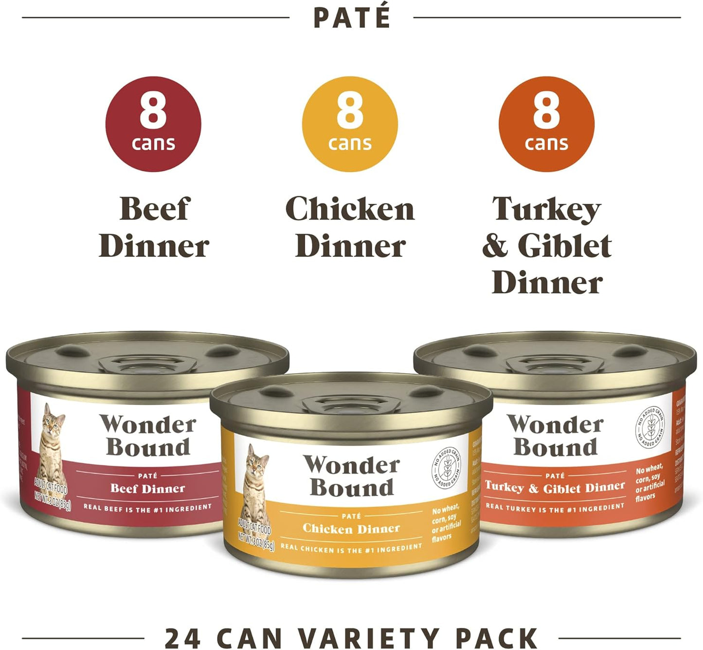 Amazon Brand - Wonder Bound Wet Cat Food, Pate, No Added Grain, Variety Pack (Beef/Chicken/Turkey & Giblet), 3 ounce (Pack of 24)