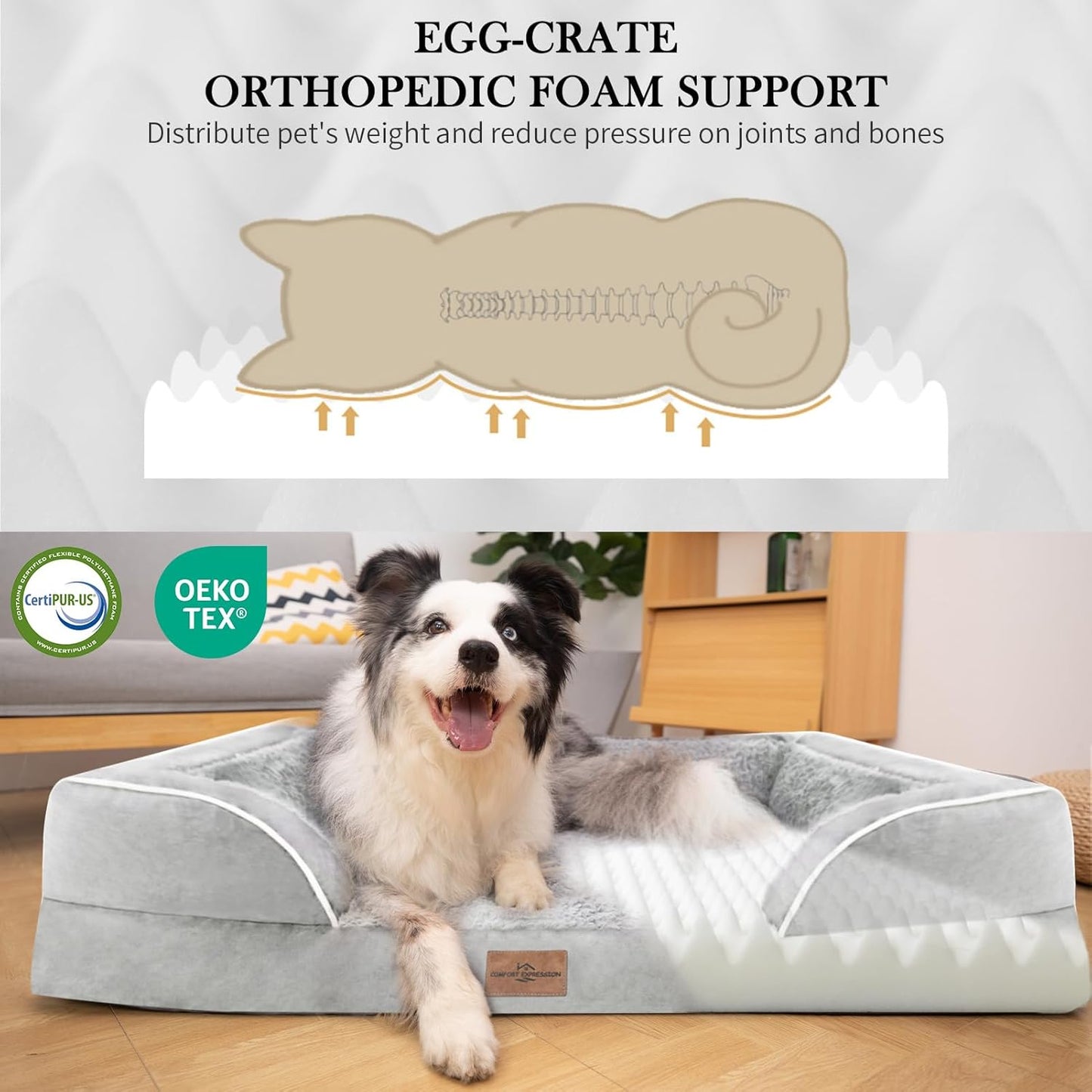 Comfort Expression Small Dog Beds Waterproof Orthopedic Foam Dog Sofa Beds for Medium Dogs Comfy Pet Bed with Washable Removable Cover & Non-Slip Bottom(Small,Grey White)