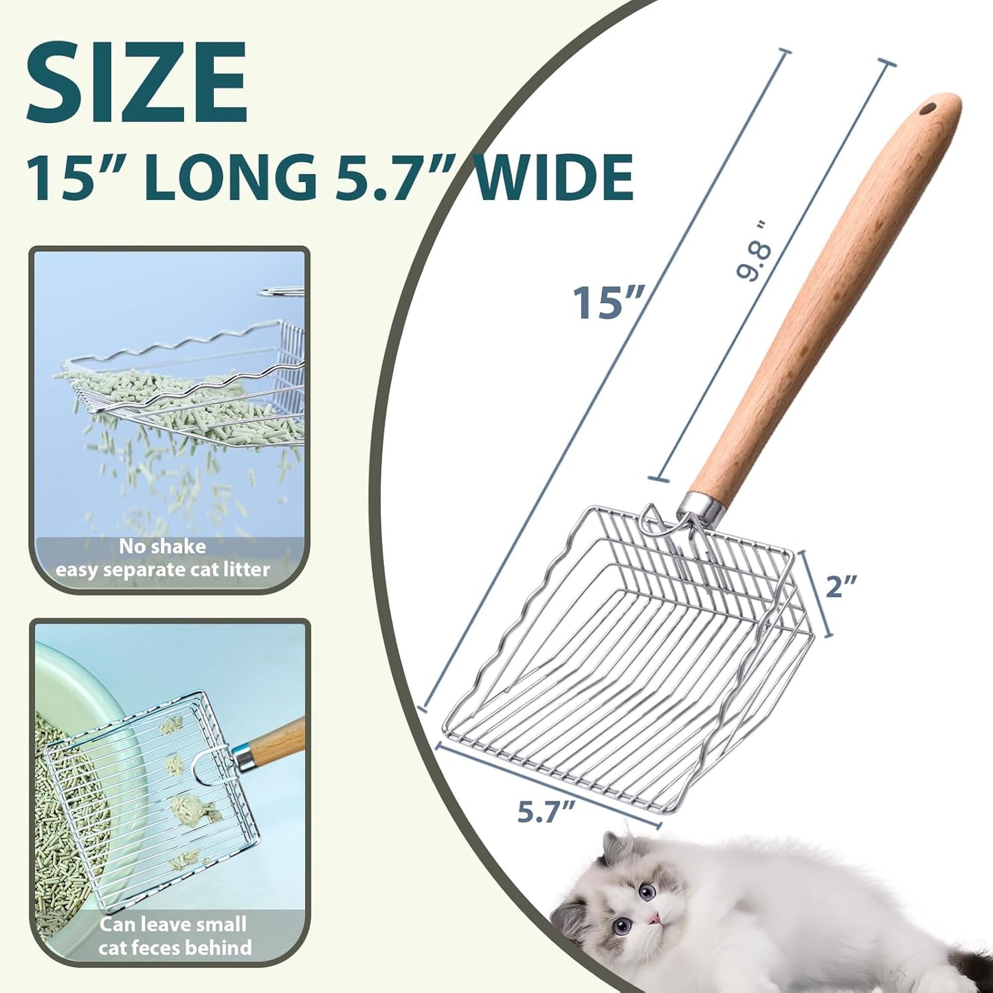 Cat Litter Scoop, Kitty Metal Scooper with Hook and Long Hole, Stainless Steel Kitten Poop Lifter for Litter Box, Non Stick, Durable and Heavy Duty Sifter for Easy Clean