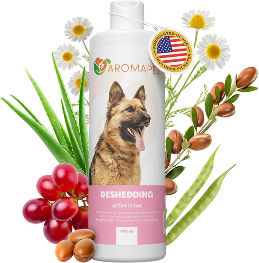 Deshedding Active Clean Dog Shampoo - Deodorizing Dogs Shampoo with Aloe, Argan Oil, Chamomile - Great for German Shepherds & Double Coats - Gentle, Hypoallergenic Dog Shampoo - 475mL