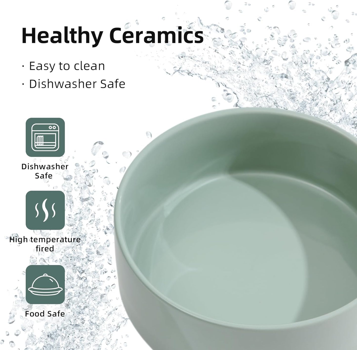 Ceramic Set of 2 Dog Bowls, Food and Water Bowls for Dogs, Puppy, 2pcs Dog Dishes, Pet Feeder(6inch, 2 x Light Green Bowls)