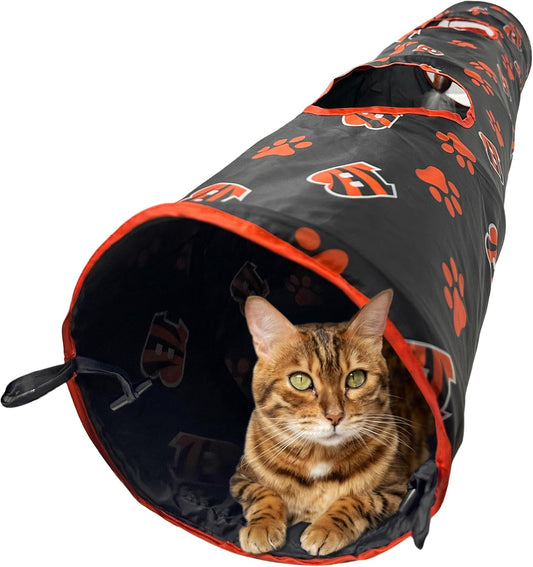 NFL Cincinnati Bengals Cat Tunnel Tube Toy with Plush Football Catnip and Feathers Collapsible Tunnel for Cats to Play, Peek and Hide, Sporty & Fun Cat Tunnel Toy with Team Logo All-Over Design!