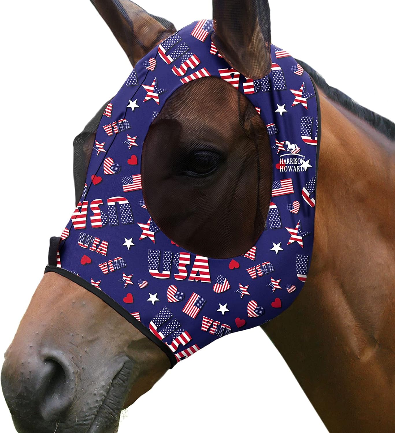 Harrison Howard Super Comfort Stretchy Fly Mask Large Eye Space with UV Protection Soft on Skin with Breathability Classic Letters Full Size
