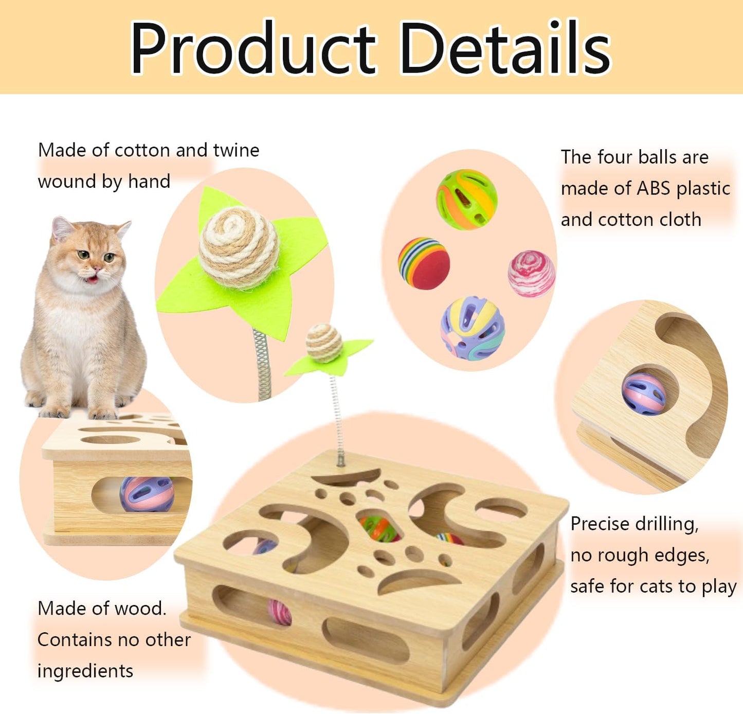 Interactive Wooden Cat Puzzle Toy Box Indoor Hunting Play Toy to Stimulate Your Cat’s Energy and Instincts (Burlywood)