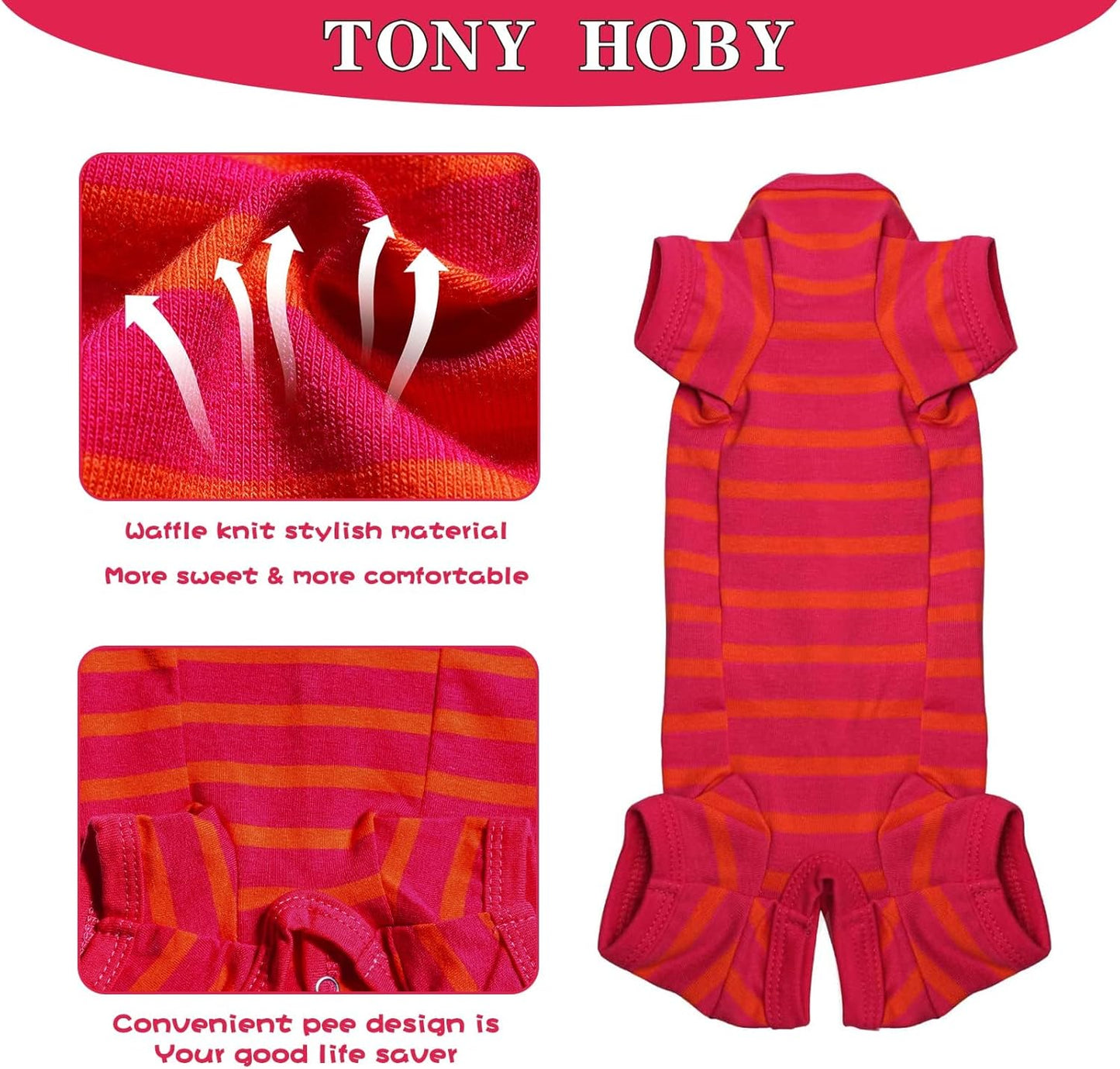 TONY HOBY Dog Pajamas, Female/Male Dog 4 Legged Pajamas, Soft Cotton Dogs Jumpsuit with Stripes (Rose Red&Orange, Girl, XL)