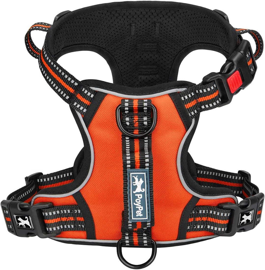 PoyPet No Pull Dog Harness, No Choke Front Clip Reflective Dog Vest with Soft Padded Vertical Handle, 3 Leash Attachments for Small Medium Large Dogs (Orange,S)