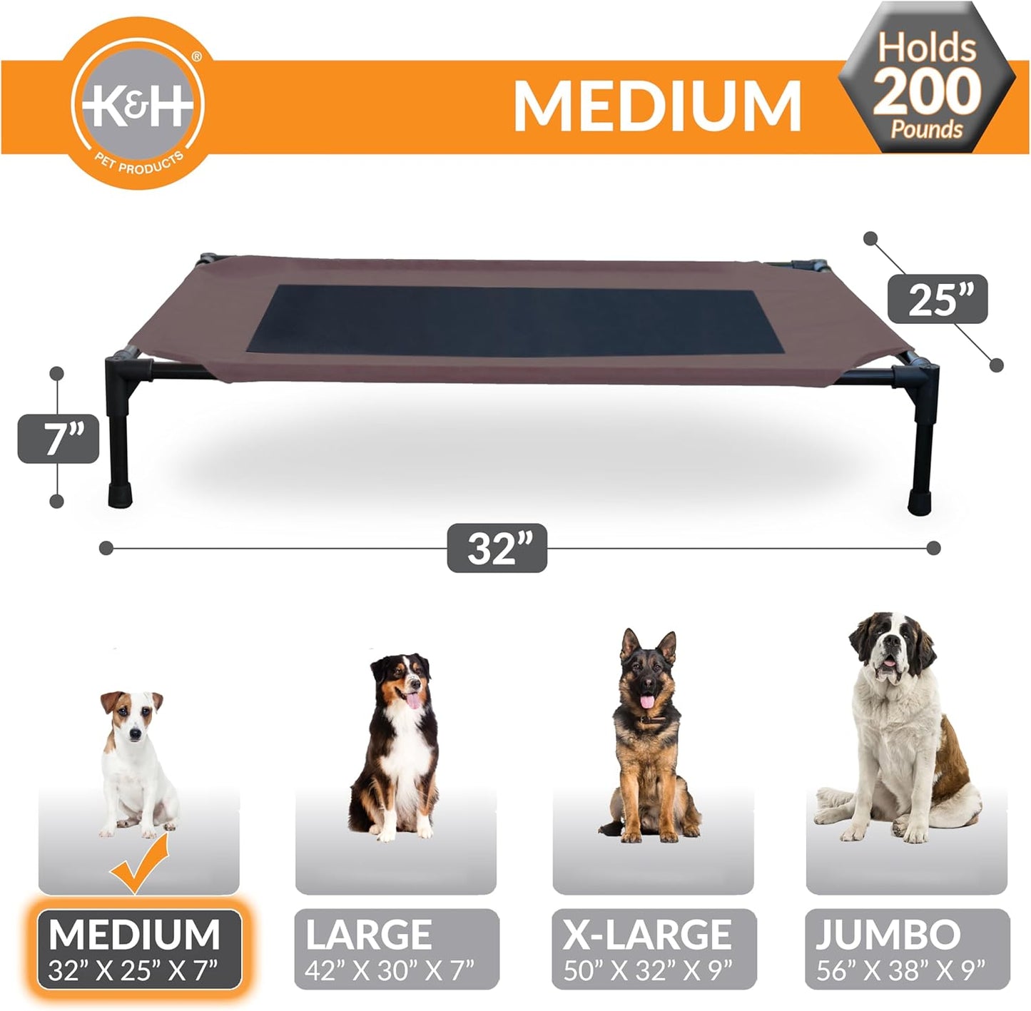 K&H Pet Products Outdoor Elevated Dog Cot, Breathable Cooling Elevated Cot Hammock Pet Bed for Medium Dogs, Washable Mesh Cover, Raised Metal Frame, Collapsible, Portable - Medium 32 X 25 Chocolate