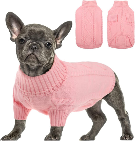 Queenmore Small Dog Pullover Sweater, Cold Weather Cable Knitwear, Classic Turtleneck Thick Warm Clothes for Chihuahua, Bulldog, Dachshund, Pug, Yorkie (Pink, Small)