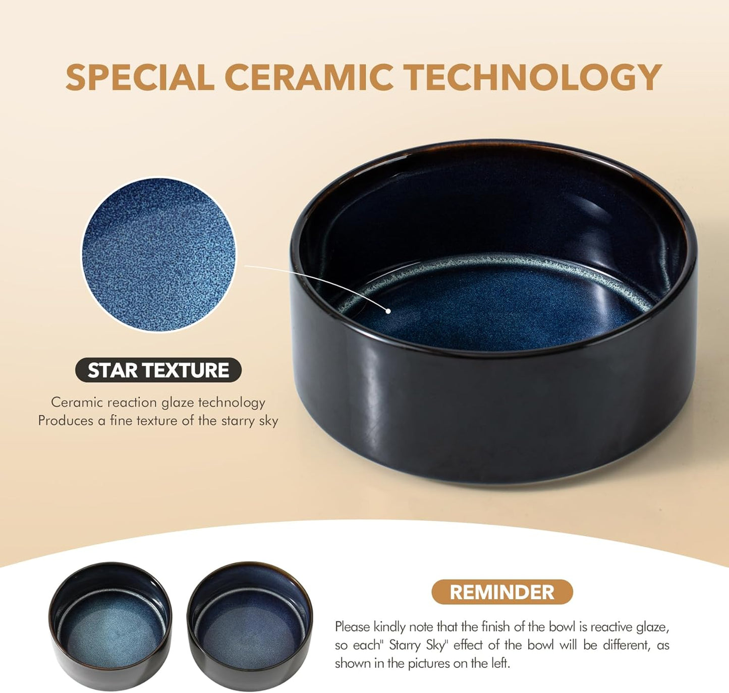 Ceramic 7.3inch Raised Double Dog Bowls Set with Acacia Wood Stand, Food & Water Bowls for Medium Breed Dogs, Weighted Pet Dishes(41oz, Starry Sky)