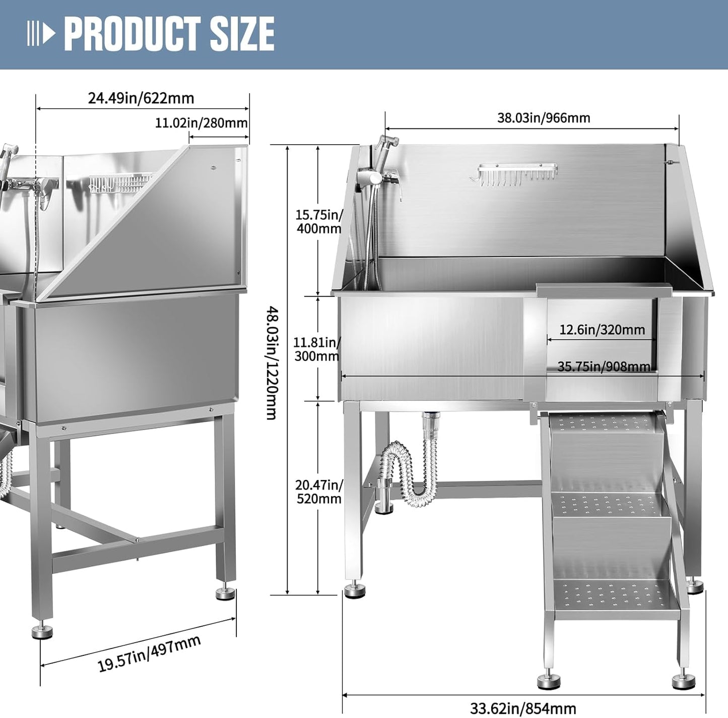 38" Dog Bathing Station, Professional Dog Washing Station Stainless Steel Dog Grooming Tub for Home,Equipped with Three Anti-Slip Steps, Removable Door, Pet Wash Station for Pet,R-RAMP