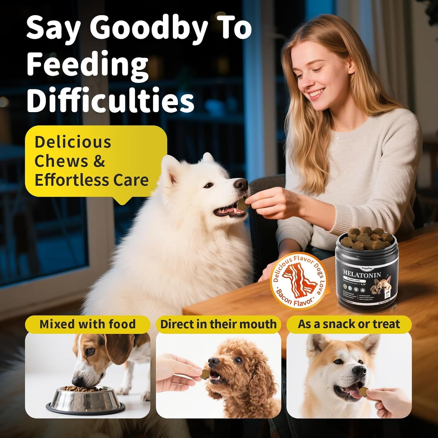 Melatonin for Dogs, Calming Chews with Valerian Root & L-Theanine for Sleep Aid & Emotional Support, Calming Treats for Stress Anxiety Relief - Thunder, Fireworks, Barking, Bacon Flavor, 90Ct