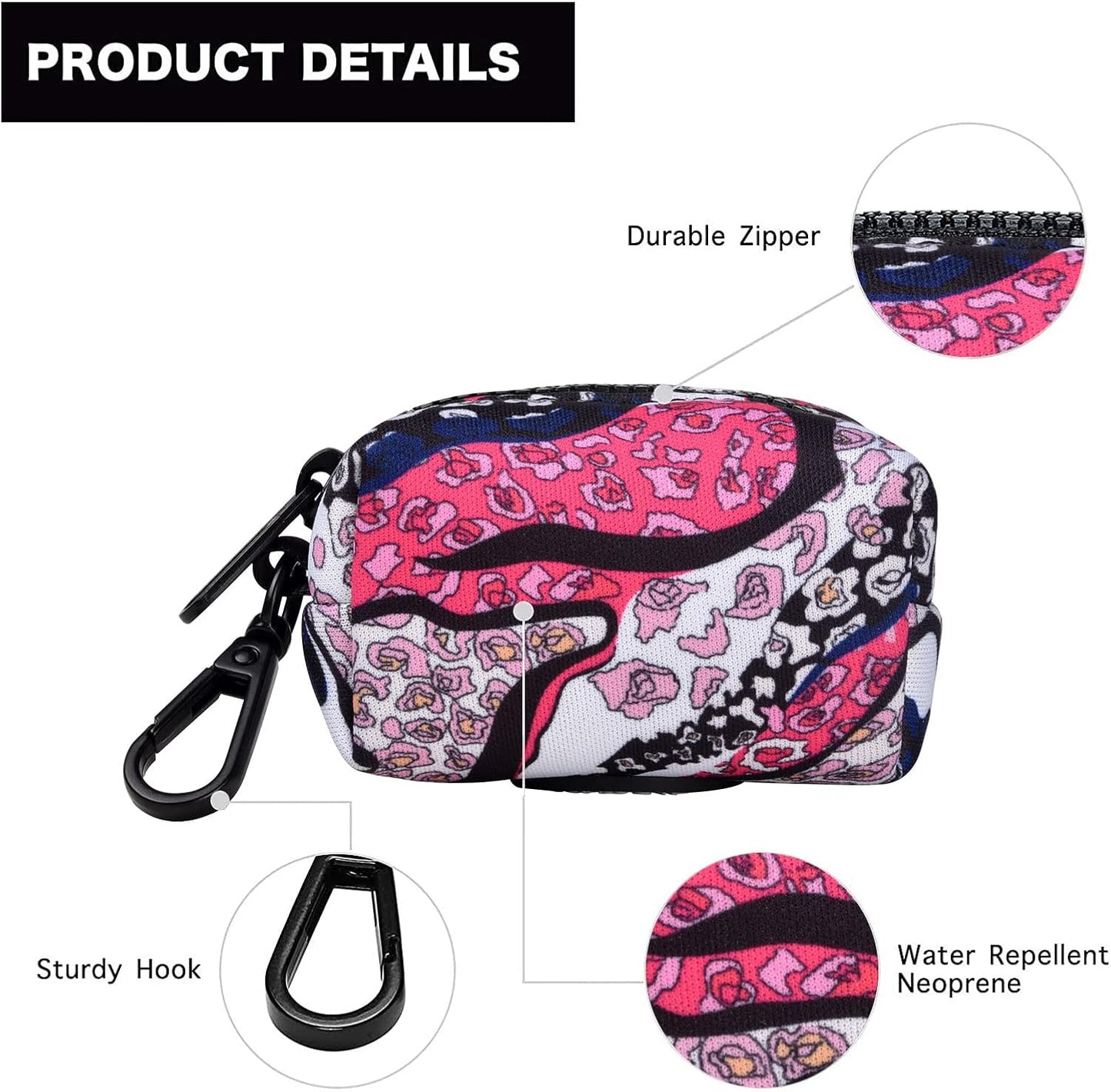 Petmolico Dog Poop Bag Holder Leash Attachment, Dog Waste Bag Dispenser Zippered Pouch, Fits Any Leash, Includes Free Roll of Poop Bags Dispenser - 2 Pack, Colorful Leopard