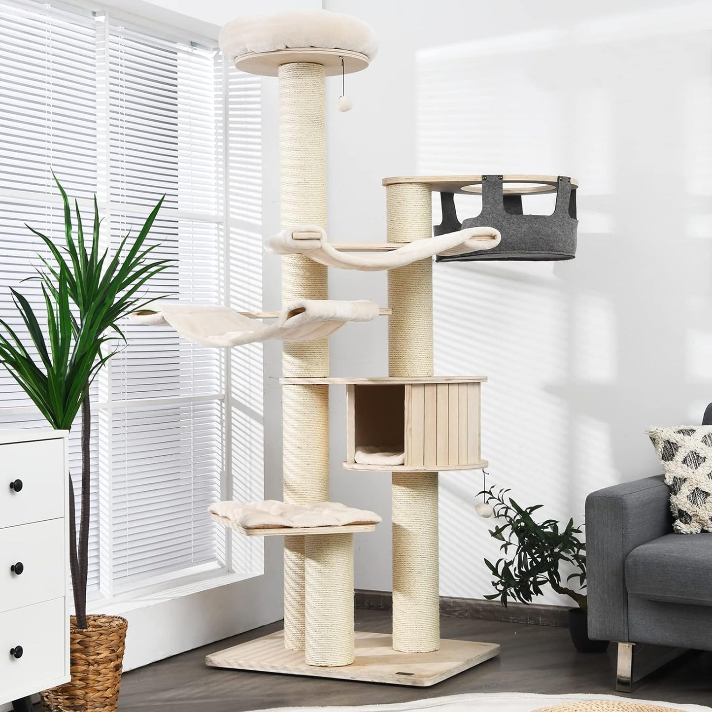 Tangkula Large Cat Tree, Multi-Level Tall Cat Tower with Sisal Scratching Posts, Hammocks, Hanging Basket, Cat Condo and Removable Washable Cushions, Modern Wood Cat Tree for Indoor Cats Large Adult
