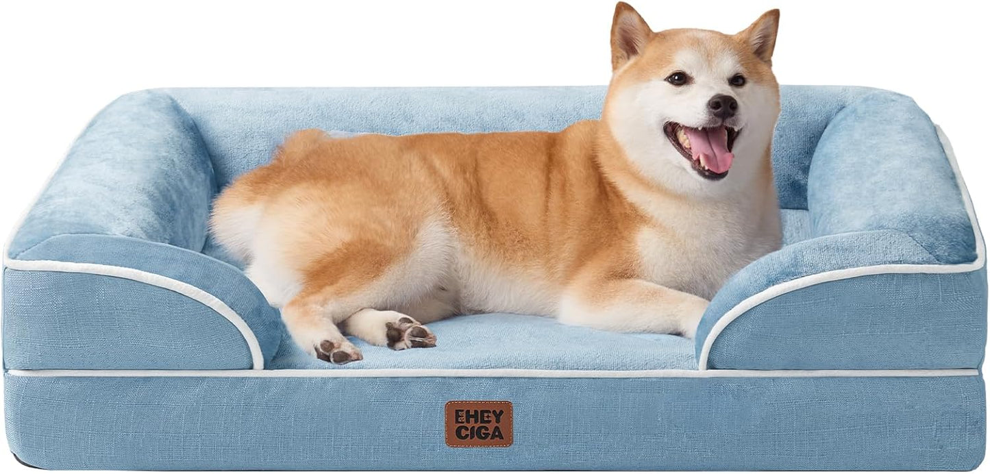 EHEYCIGA Orthopedic Dog Beds for Large Dogs, Waterproof Memory Foam Large Pet Bed with Sides, Non-Slip Bottom and Egg-Crate Foam Dog Couch Bed with Washable Removable Cover, Washed Blue