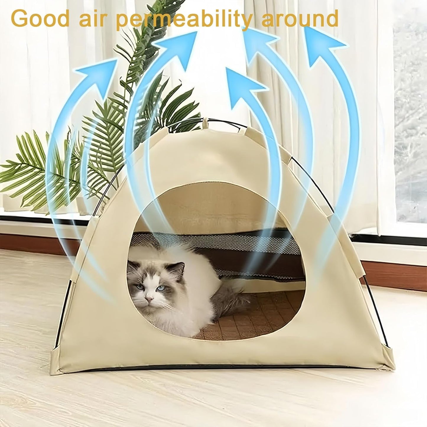 BreezyDen Pop-Up Pet Tent – Portable Hideaway for Cats & Small Dogs, Portable Indoor/Outdoor Pet Tent House with Mesh Window, Waterproof, Breathable, Scratch-Resistant, Fully Washable (Beige,L)