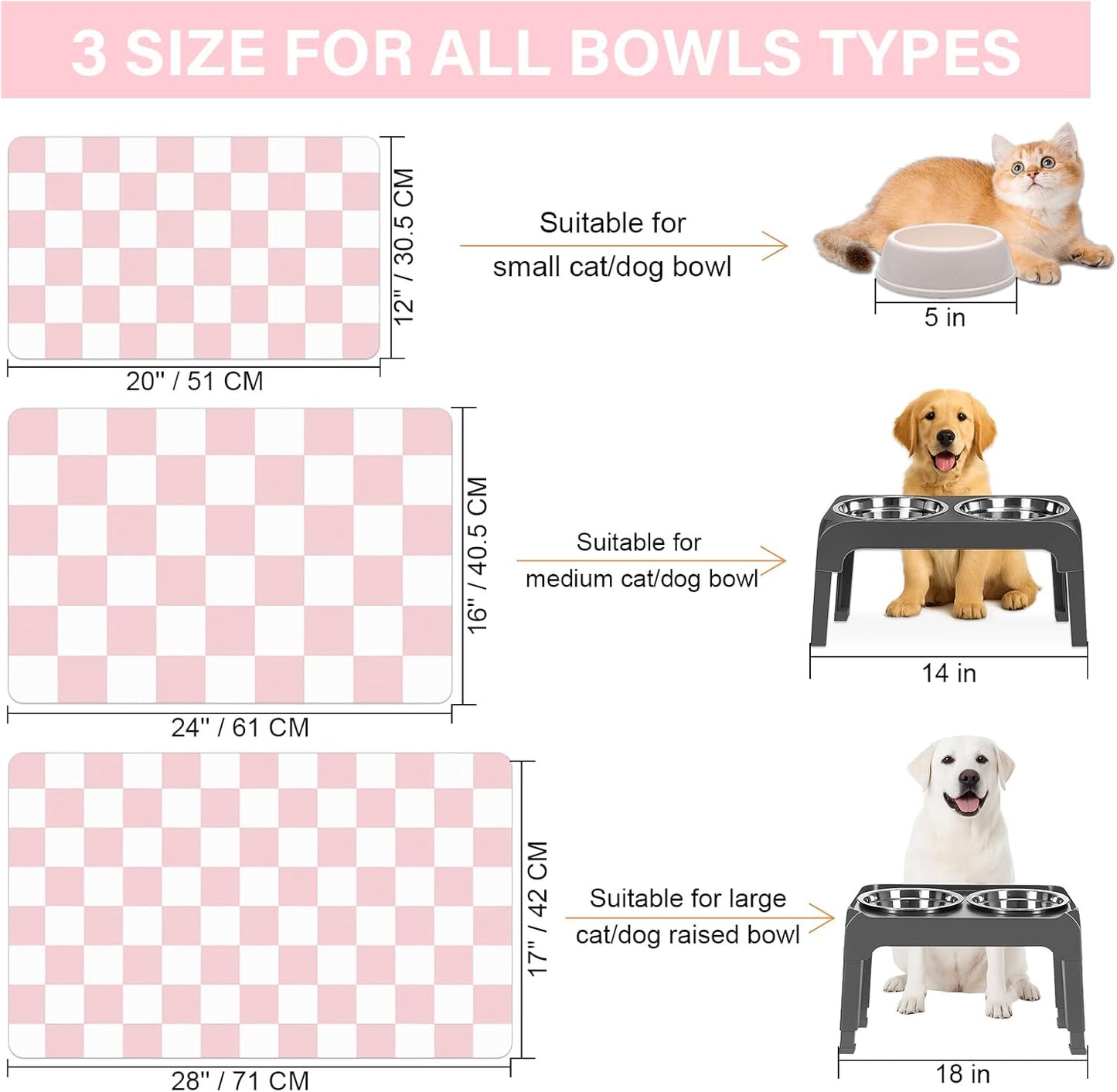 Pet Feeding Mat, 16"x 24" Absorbent Dog Food Mat, Checkered Cat Bowl Mats, Easy to Clean Pet Placemats, Quick Dry Dog Water Dispenser Mats for Messy Drinkers, Pink & White