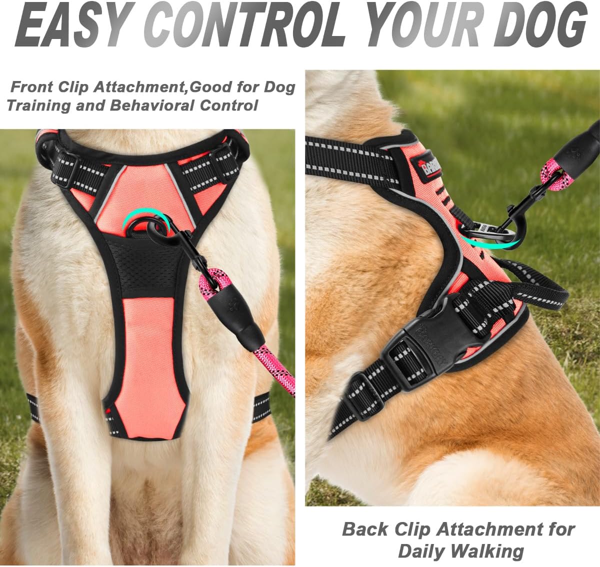 BARKBAY No Pull Dog Harness Front Clip Heavy Duty Reflective Easy Control Handle for Large Dog Walking(Light Pink,M)