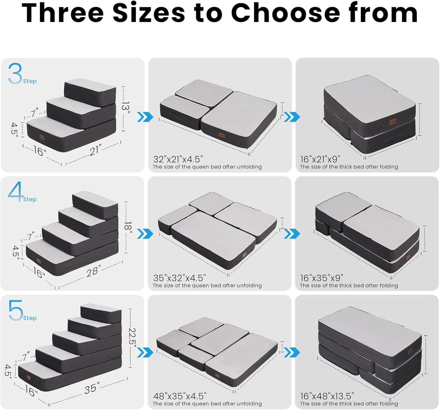 4-Step Adjustable Dog Stairs for Beds, Dog Steps for Small Dogs and Cats, Foldable Pet Stairs for Bed Climbing, Non-Slip Pet Step Indoor, Grey
