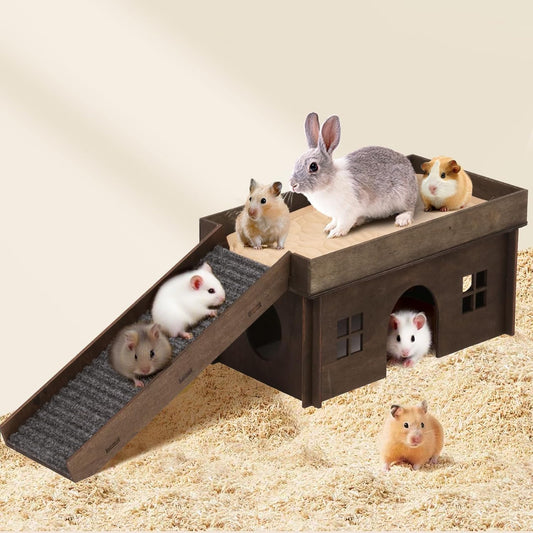 Guinea Pig Hideout, Upgraded Guinea Pig Castle House, Wooden Rabbit Hideout, Guinea Pigs Hideouts and Houses, Large Bunny House, Small Animal Chinchilla House Habitats with Stairs