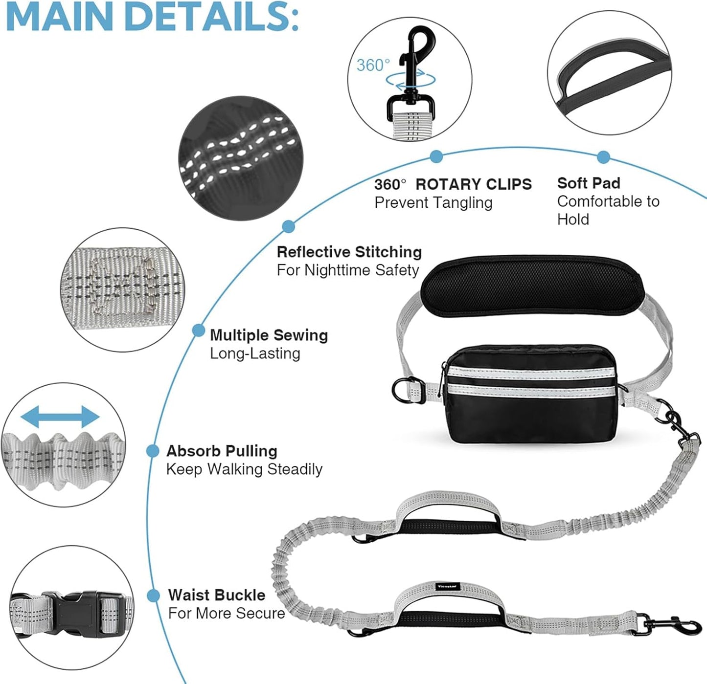 Hands Free Dog Leash with Pouch, Double Leash for Two Dogs, Retractable Bungee with Double Padded Handles, Dog Waist Leash for Dog Walking, Running Leash for Dogs, Dog Walking Accessories