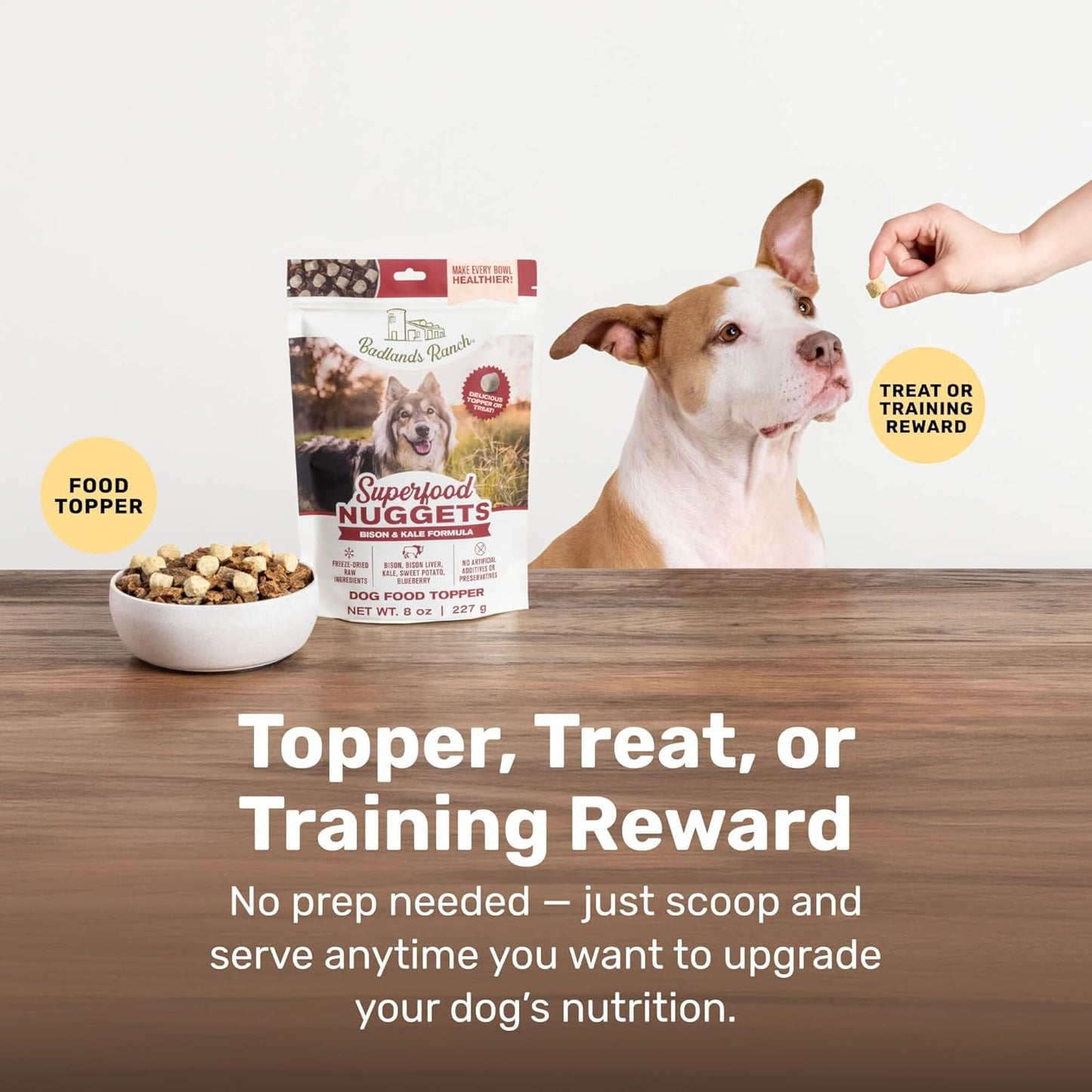 BADLANDS RANCH Superfood Nuggets – Freeze-Dried Raw Dog Food Topper/Treat. Nutrient-Dense Bison & Kale Formula. No Artificial Additives. Premium 8oz Bags – 4-Pack Bundle