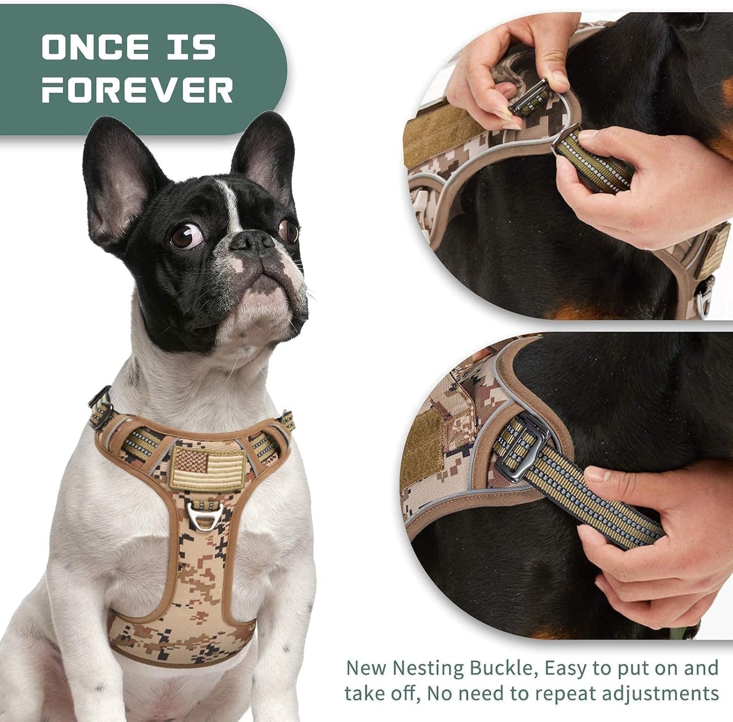 BUMBIN Tactical Dog Harness for Small Dogs No Pull, Famous TIK Tok No Pull Puppy Harness, Fit Smart Reflective Pet Walking Harness for Training, Adjustable Dog Vest Harness with Handle Desert Camo XS