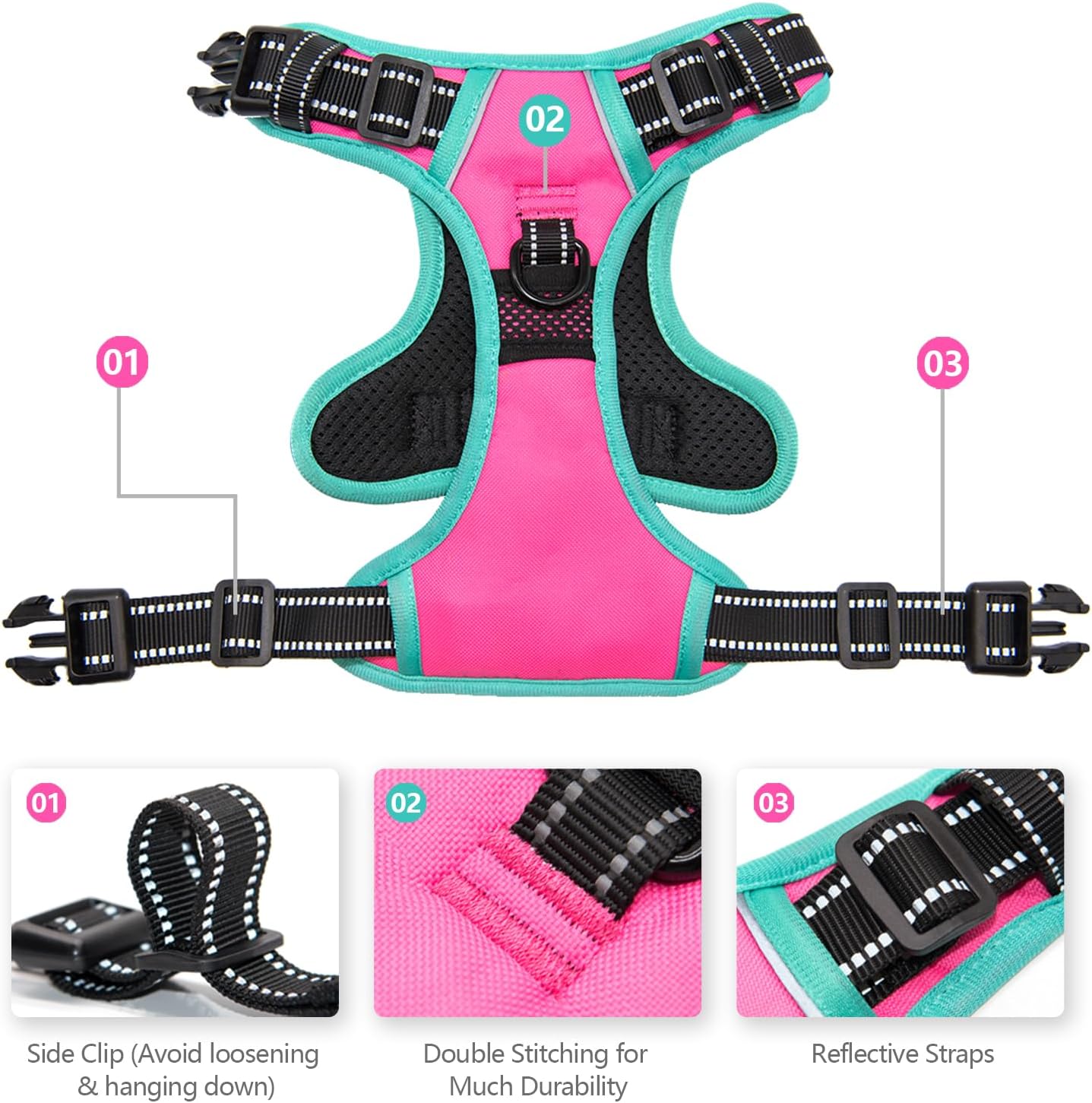 PHOEPET 2019 Upgraded No Pull Dog Harness, Reflective Adjustable Vest, with a Training Handle + 2 Metal Leash Hooks+ 3 Snap Buckles +4 Slide Buckles(M, Pink)