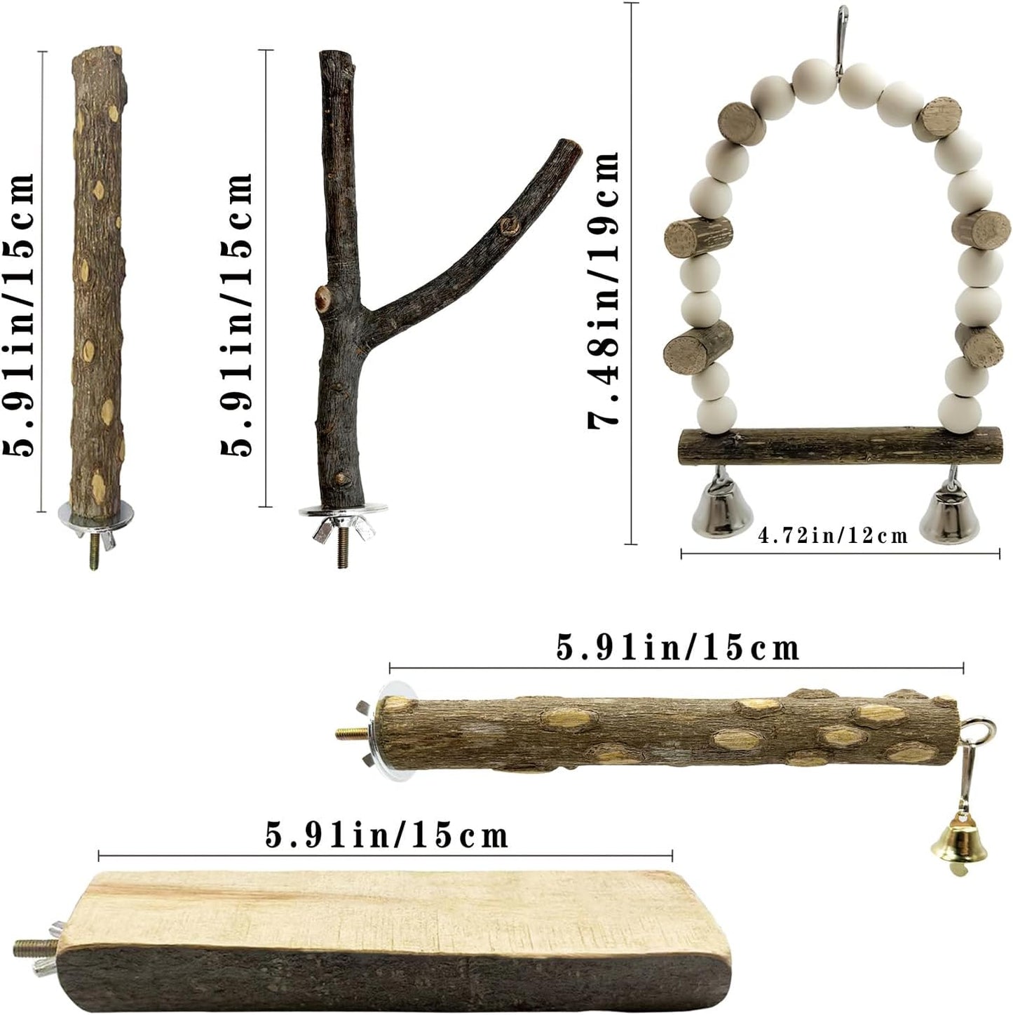 5Pcs Natural Wooden Bird Perch Set – Parrot Perch Toys, Wooden Perch Swing, Cage Accessories for Budgies, Cockatiels, Lovebirds, Finches, and Other Small to Medium Birds