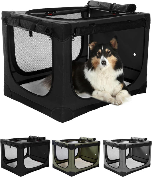 24 Inch Collapsible Travel Dog Crate for Medium Large Dogs, Portable Dog Crate 4-Door Foldable Soft Kennel with Durable Mesh Windows for Indoor & Outdoor Travel, with Storage Bag,Black