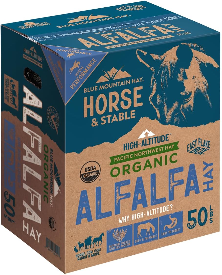 Blue Mountain Hay High-Altitude Organic Alfalfa Hay, 50lb Easy Flake Box - High Protein, Fiber & Mineral-Rich - High Leaf Retention - Ideal for Horses, Goats, Rabbits, Guinea Pigs & Other Small Pets