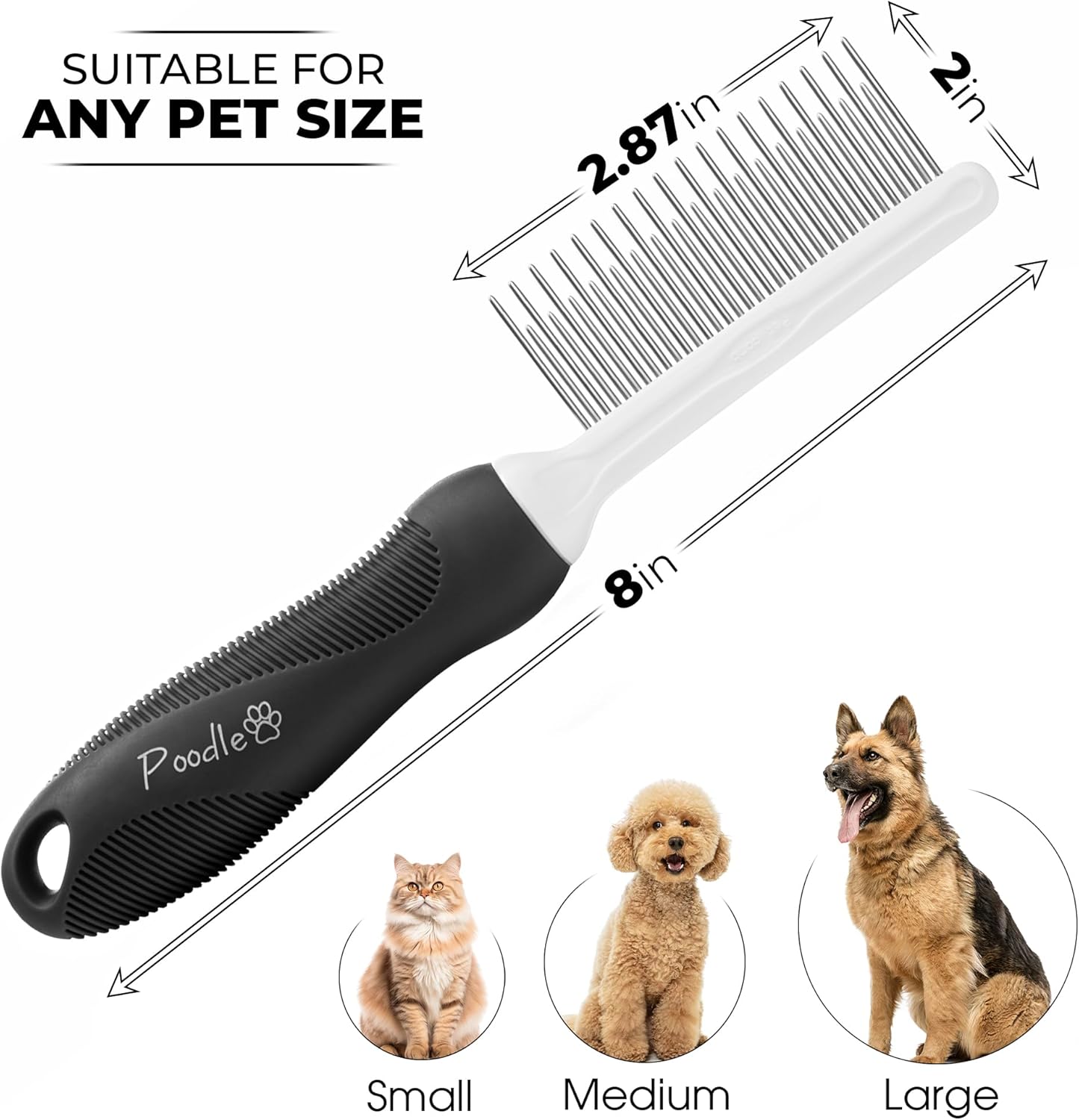 POODLIE Poodle Pet Dog Combs for Grooming Matting - Metal Comb for Dogs with Long & Short Stainless Steel Teeth - Dematting Comb for Cats to Remove Matted Hair & Knots, Black