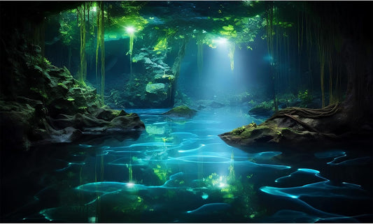 Cave Aquarium Background Underwater Cave with Light Beam Tranquil Stream Terrarium Background Mysterious Elegant Fantasy Tropical Plants Fish Tank Backdrop Wallpaper Poster Decorations Vinyl 36x24in