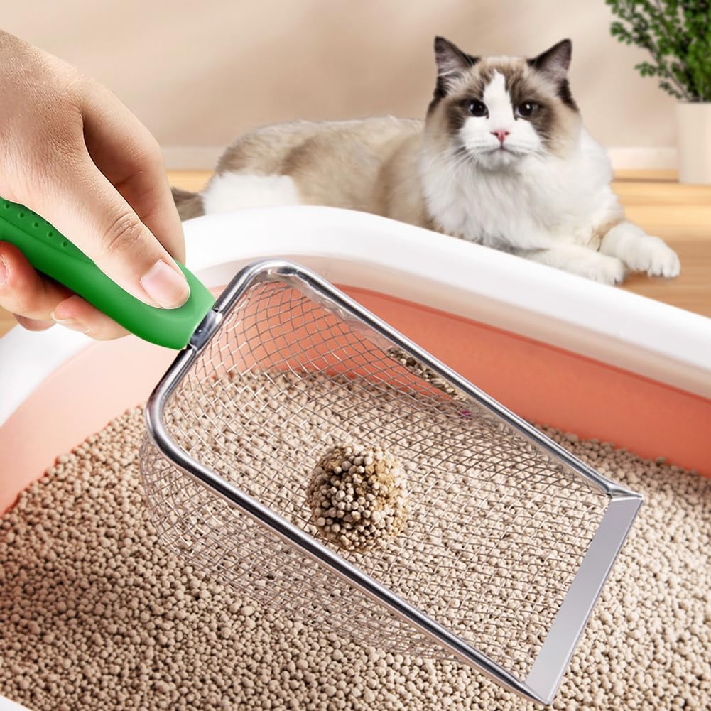 Cat Litter Scoop,Sturdy Litter Cleaner Corner Shovel,Stainless Steel Mesh Litter Shovel,Easy to Clean Reptile Terrarium Sand Waste,Beach Shovel(Green)