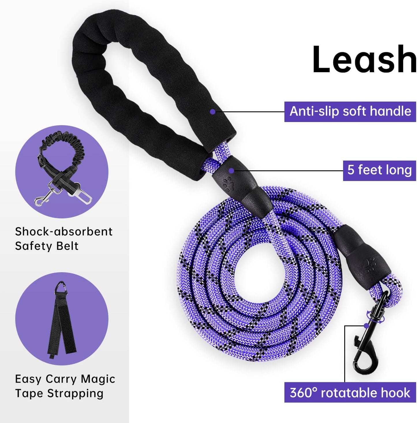 IVY&LANE No Pull Dog Harness for Medium Dogs, Dog Vest Harness with Leash, Safety Belt and Storage Strap, Fully Adjustable Harness, 360° Reflective Strip, Soft Handle (Purple, M)
