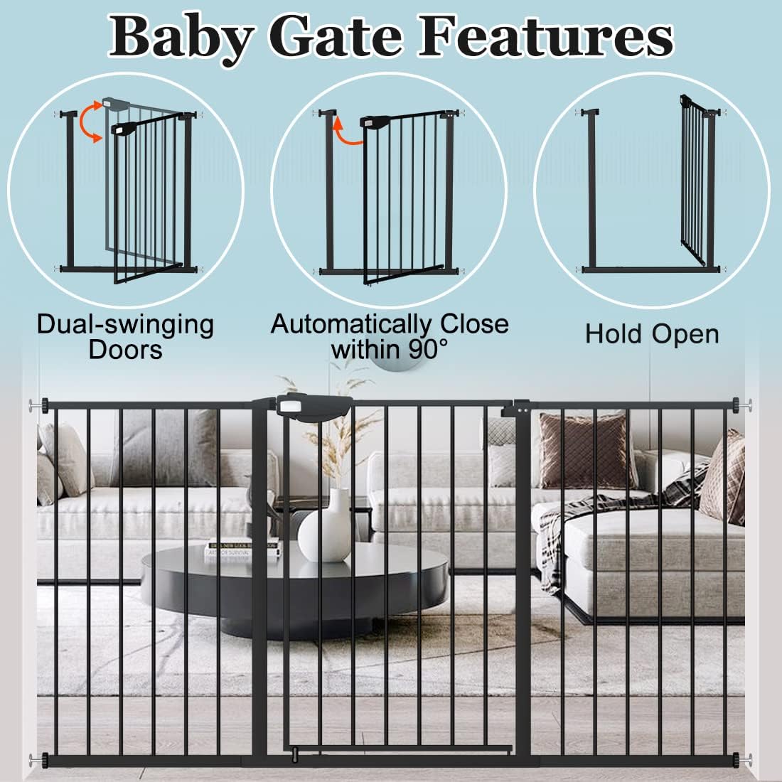 WAOWAO Triple Lock Baby Gate Extra Wide 62.59-67.32" Pressure Mounted Walk Through Swing Auto Close Safety Black Metal Dog Pet Puppy Cat for Stairs,Doorways,Kitchen